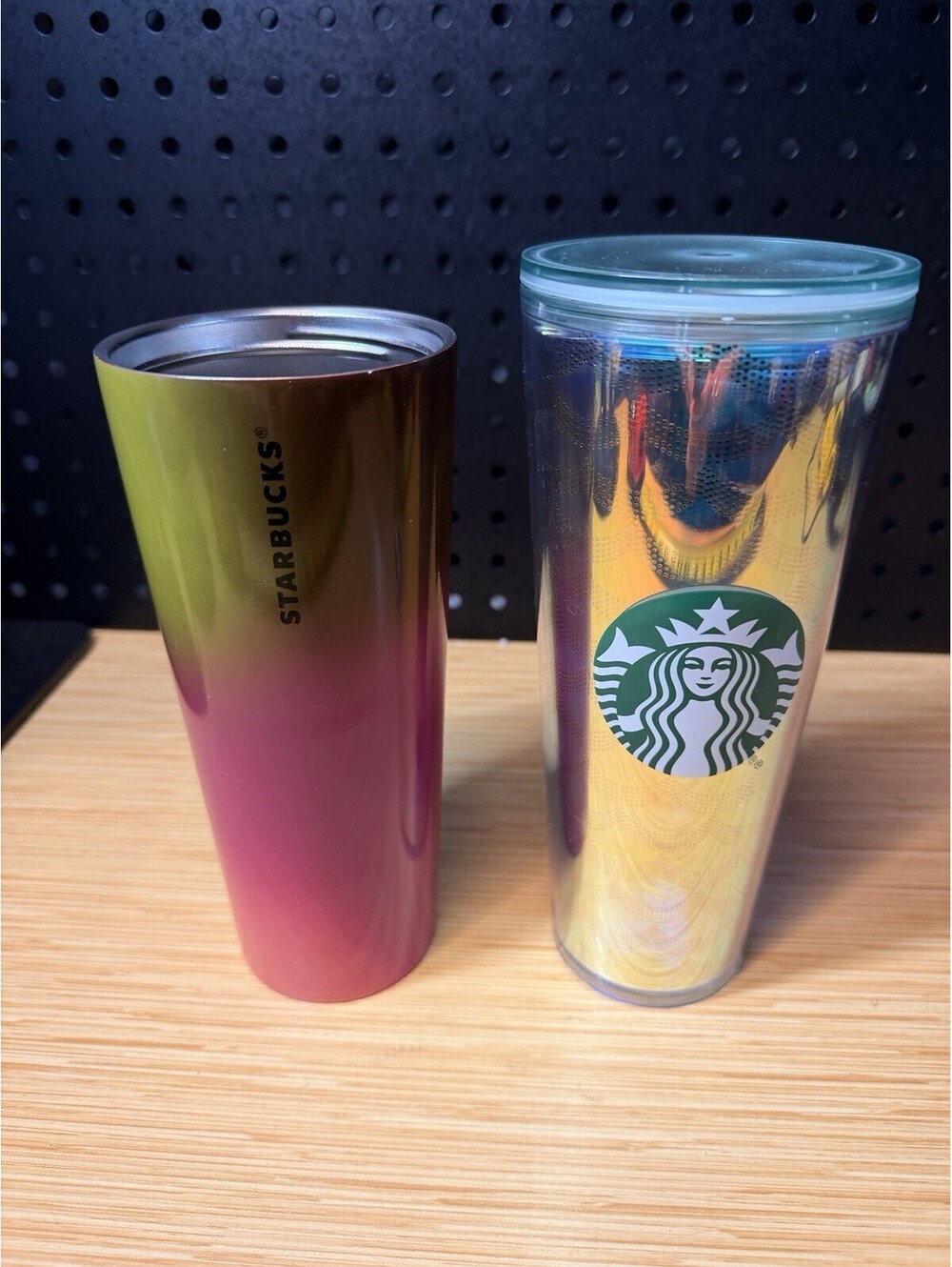 Lot Of 2 Starbucks 24 fl oz Rainbow Tumblers Cup Logo Pink Yellow